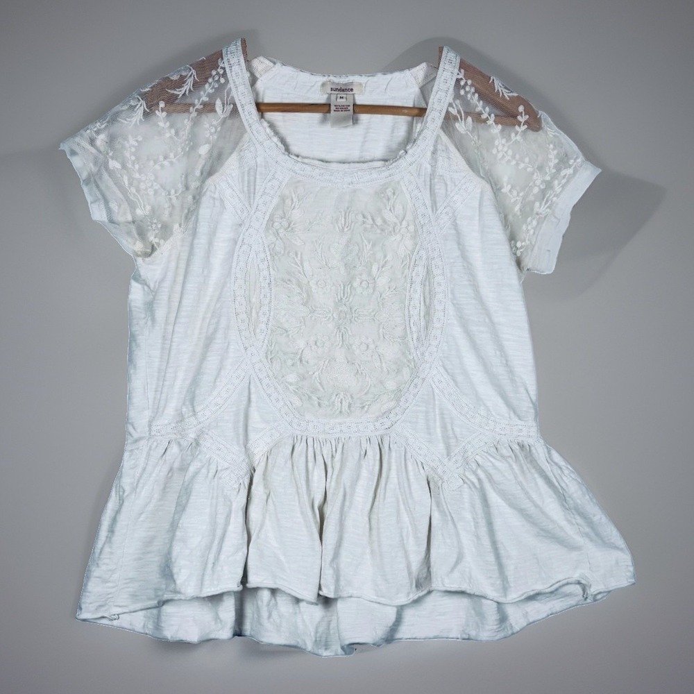Sundance Blouse Womens Ivory Embroidered Lace Peplum Cotton Sheer Floral Top